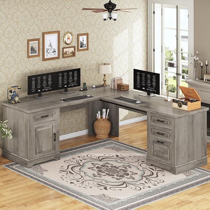 SEDETA 69 L Shaped Desk with Drawers and Storage Farmhouse Computer Desk with File Drawers and Power Outlet Corner Executive Desk with Storage Cabinet for Home Office Grey