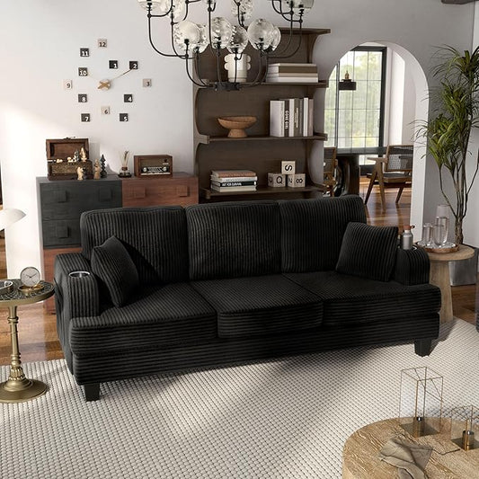 Homes: Inside + Out Reese Modern Plush Chenille Couch with Side Pockets Cup Holders and USB Ports Wooden Comfortable Sofa for Living Room Bedroom and Office Black