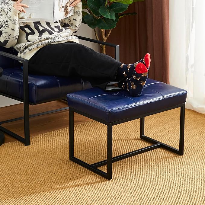 Glitzhome Accent Chairs with Ottoman Mid Century Modern Lounge Armchair with footrest with PU Leather &amp Metal Frame for Living Room Bedroom Apartment Office Navy Blue