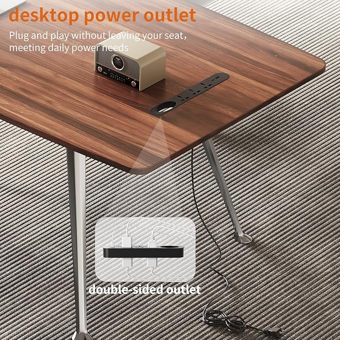 60-Inch Executive Desk Computer Office Desk Workstation with Chrome-Plated Legs and Built-in Power Outlet Writing Table Business Furniture Modern Minimalist Style for Home Office Walnut