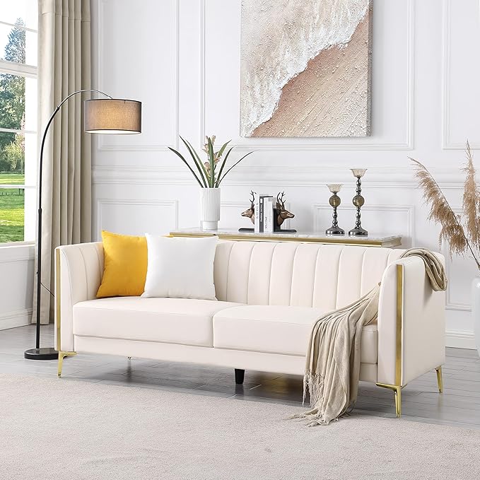 FOTOSOK White Leather Couch Sofa Office Couches 78'' Apartment Faux Leather Sofa with 2 Throw Pillows &amp Gold Metal Legs Waterproof 3 Seater Couches for Small Living Room Luxury Cloud Sofa