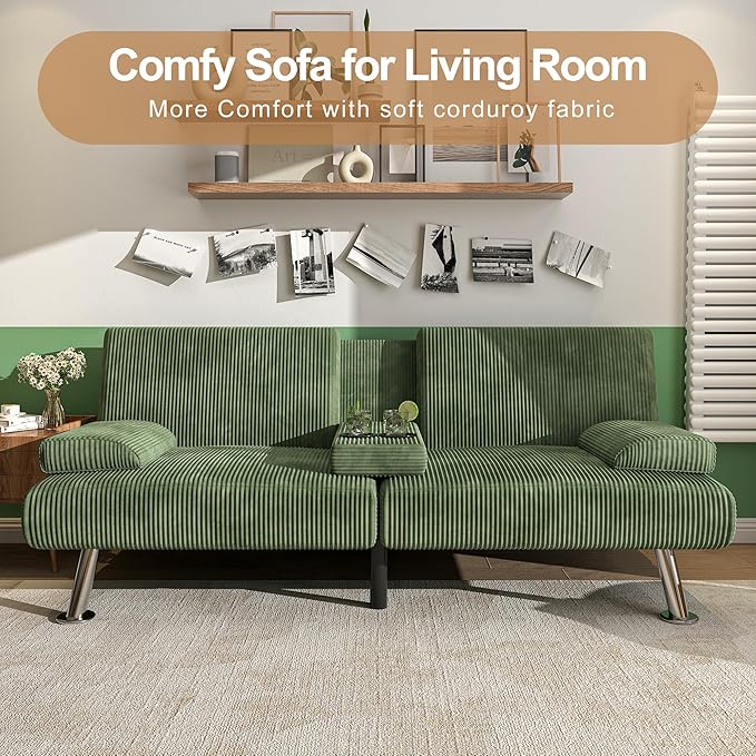 Shahoo Modern Upholstered Convertible Folding Futon Sofa Bed with Removable Armrests Metal Legs 2 Cup Holders for Living Room Green