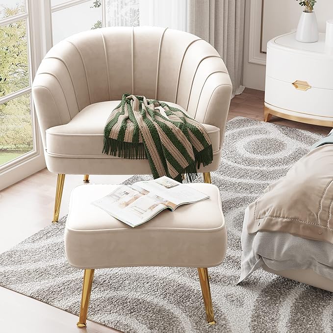 Velvet Accent Chairs with Ottoman for Living Room Bedroom Office Leisure Upholstered Single Sofa Chair Arm Chair Comfy Chair Reading Club Coffee Chair with Metal Legs Beige