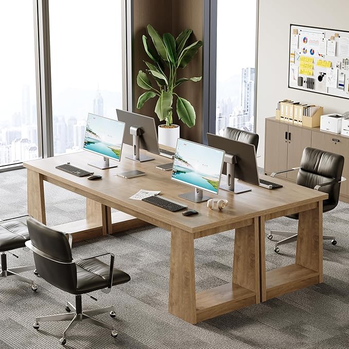 LITTLE TREE 86.6 Double Home Office Desks Two Person Desk for 2 Person Farmhouse Executive Computer Desk Large Work Writing Table Rustic Brown Business Workstaticon Furniture for Home