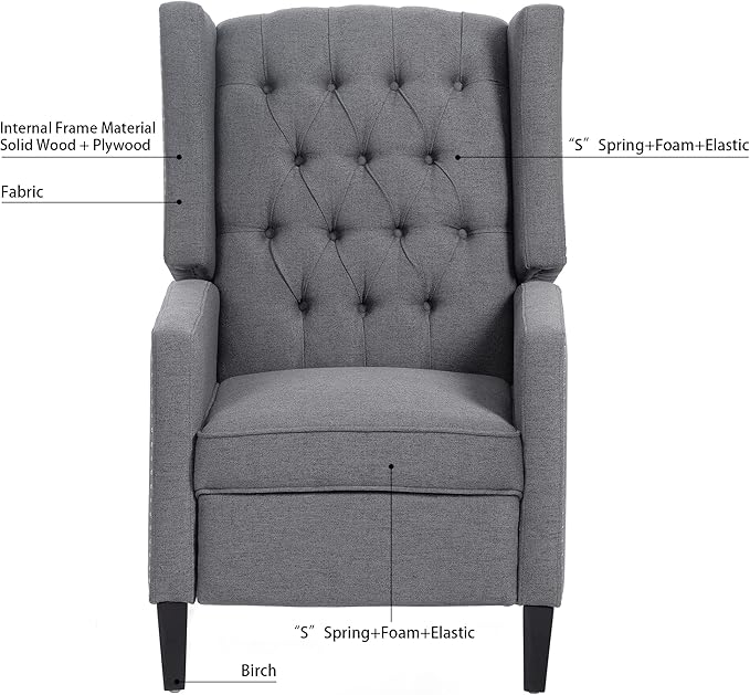 Mid Century Wingback Recliner Fabric Push Back Recliner Chair Single Rolled Armchair Sofa with Rivet Decoration Accent Chairs with Stable Hump Feet for Living Room (Grey)