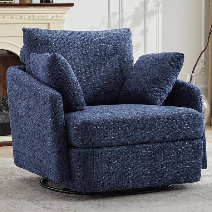 Aoiy &amp Wifon 40.55 W Oversized Swivel Accent Chair Modern Comfy Swivel Armchair for Living Room Woven Chenille Navy
