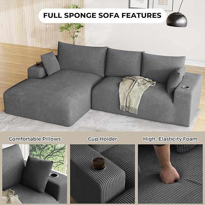 113 Modular Sectional Sofa Cloud Couch Modern Deep Seat Fluffy Corduroy Boneless Couch with Cup Holder Comfy L Shaped Sectional Couches for Living Room Bedroom. (Left Facing Grey)