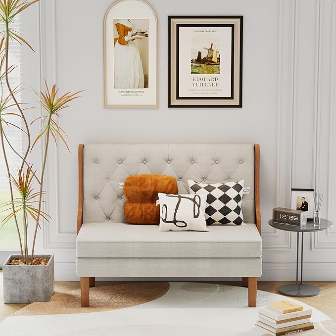 Andeworld Loveseat Settee Bench with Natural Rattan ArmsUpholstered Modern High-Back Mini Sofa CouchBanquette Dining Bench Love Seat for Living Dining Room Bedroom Office Small Space EntrywayBeige