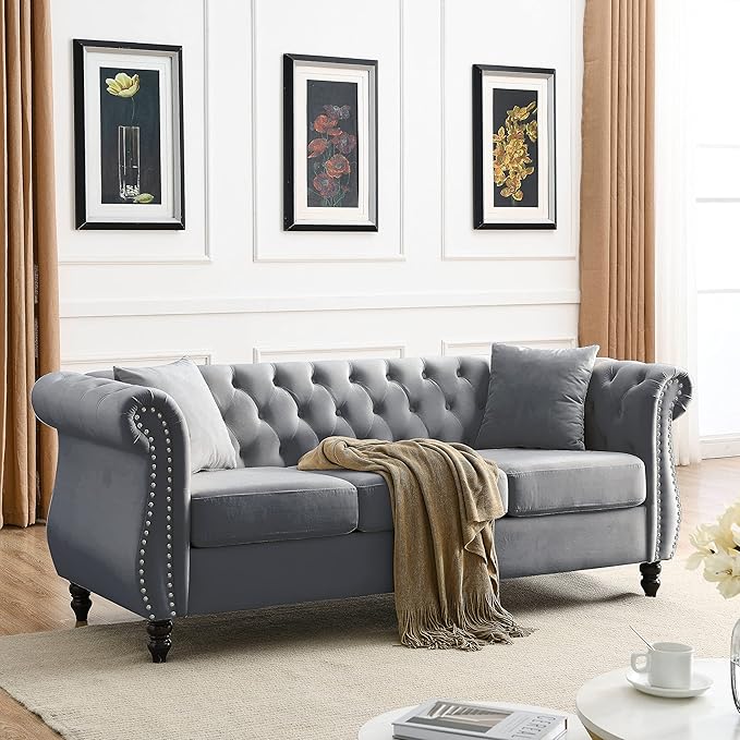 KEIKI Chesterfield Sofa Retro Style Upholstered 3+3 Seats Velvet Couch with Rolled Arm for Living Room Bedroom Office Grey