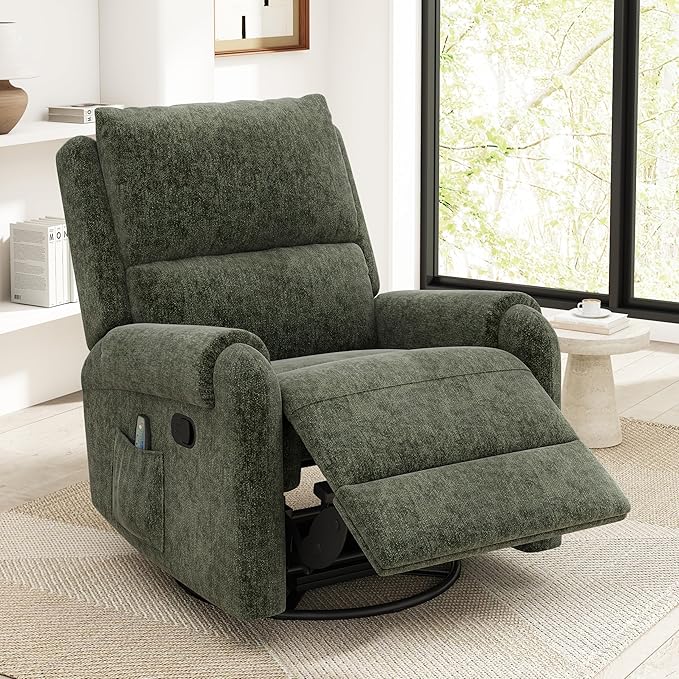 Christopher Knight Home Harper Massage Recliner Chair with 8 Modes Chenille Upholstered Recliner Sofa Swivel Massage Chair with a Side Storage Pocket for Living Room/Bedroom Head Support Green