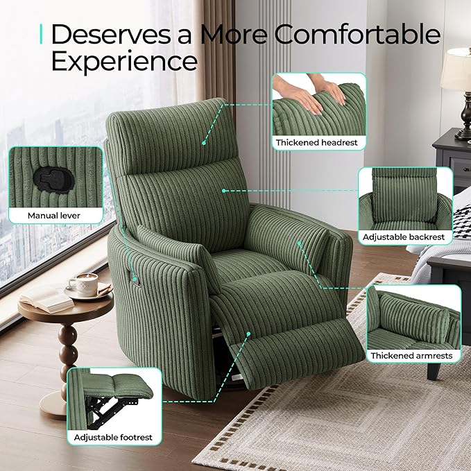 LINSY 360 Swivel Recliner Chair Nursery Glider Rocking Chair with 2 Pillows Corduroy Nursing Chair Comfy High Back Adult Rocker Recliner for Small Spaces Nursery Bedroom Living Room (Green)