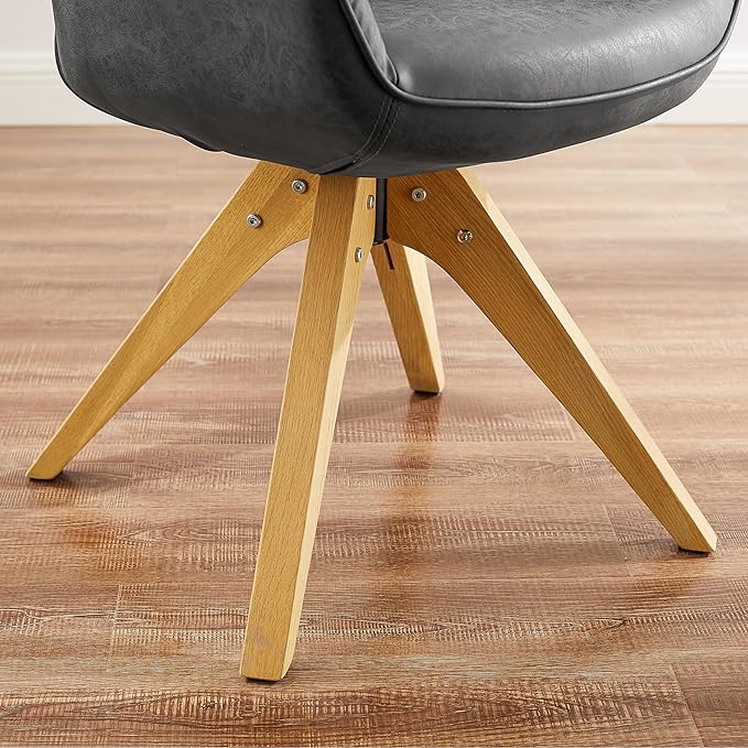 Art Leon Dining Chair Mid Century Modern Faux Leather Upholstered Swivel Dining Room Chair with Oak Wood Legs Leisure Side Chair with Arms for Living Room Black