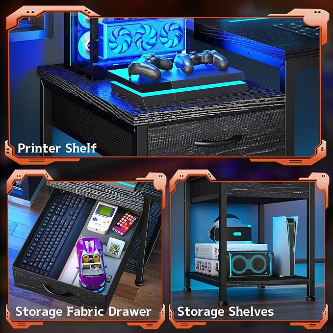 56 Inch Gaming Desk with Drawers and ShelfReversible Computer Desk with LED Lights and Power OutletsStudy Table with Hooks for HeadphoneBagsBlack Desk Work Desk for BedroomDorm