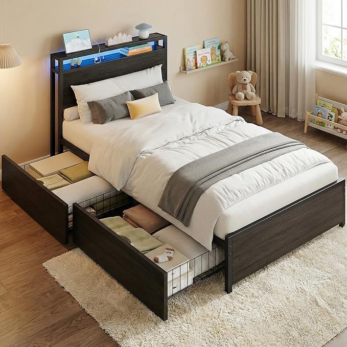 LIKIMIO Twin XL Bed Frame with 2-Tier Shelves &amp Charging Station &amp LED Light DIY Layout Storage Drawers Suitable for Teen Rooms Small Apartments &amp Bedrooms Gray Black