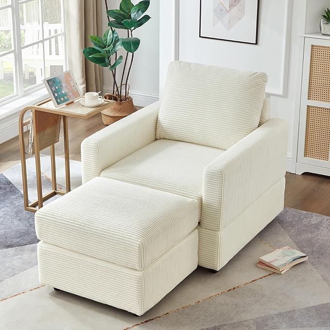 Aoiy &amp Wifon Accent Chair with Ottoman Upholstered Reading Chair with Ottoman Comfy Armchair with Wooden Legs Corduroy Beige