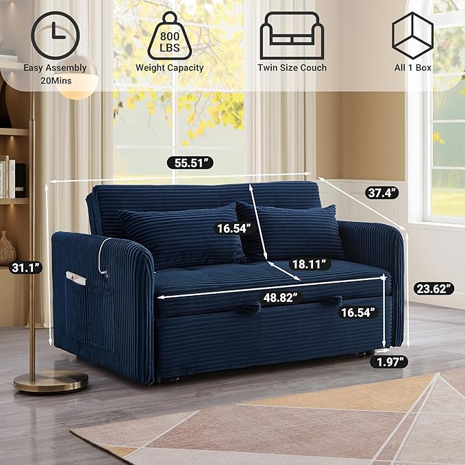 55.5 Corduroy Convertible Sofa Bed Pull Out Sleeper Sofa Bed Loveseat Couch with USB Charging Ports 3 in 1 Convertible Sleeper Sofa Bed for Living Room Apartment Bedroom RV Blue