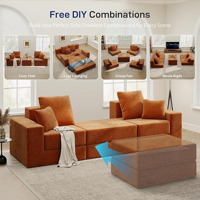 Cloud Modular Sectional Sofa Comfy Boneless Couch for Living Room Modern L-Shaped Couch with Reversible Chaise Customizable Sleeper Sofa with Non Slip No Assembly &amp Deep Seat Orange