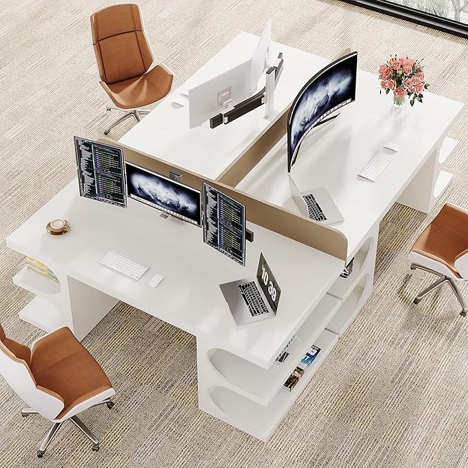Tribesigns Modern Executive Office Desk 63-Inch Large Computer Home Office Desk with Storage Shelves Wood Study Writing Table Workstation Business Furniture White