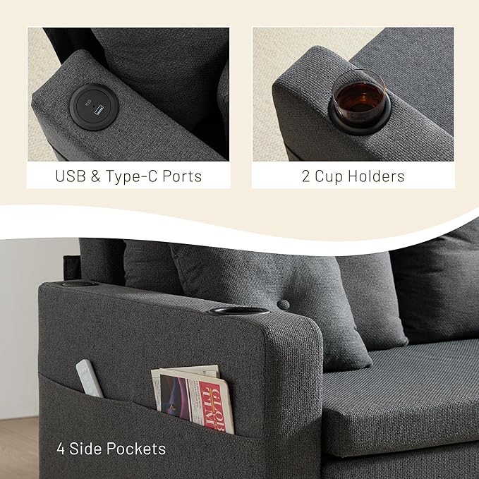 3 in 1 Sofa Bed 56 Inch Convertible Pull Out Couch Loveseat Sleeper Sofa with Cup Holders USB Sofa Couches for Living Room Bedroom Apartment Dark Grey