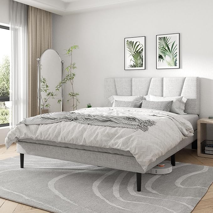 Queen Size Platform Bed Frame with Geometric Upholstered Headboard Noise Free Wooden Slats Support No Box Spring Needed Easy Assembly Light Grey Linen