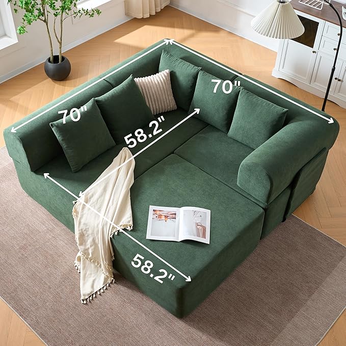Boneless L-Shaped Modular Couch - 106 Inch Cloud Velvet Sectional SofaDeep Seating Comfort No Assembly Required Ideal for Apartments &amp Living RoomsGreen