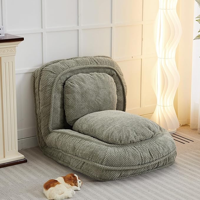 Foldable Lazy Sofa Bed Floor Chair Upholstered Human Dog Bed with 5 Adjustable Position Comfy Tatami Lounge Chair with 2 Pillows Lazy Sofa for Bedroom Living Room Reading (Green 1)