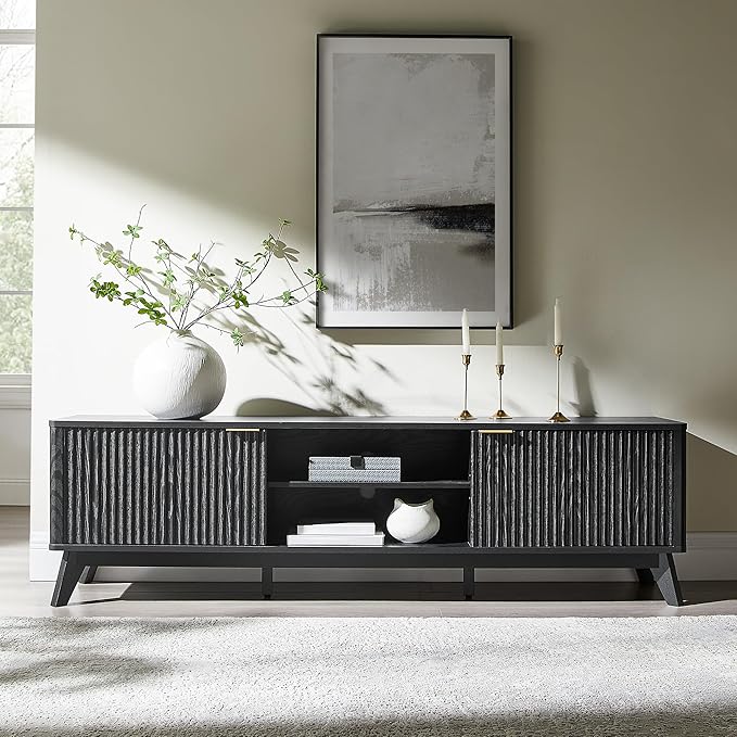 OKD 70 Mid Century Modern Fluted TV Stand Entertainment Center Sideboard Media Console for Living Room with 2 Soft Close Door/Adjustable Shelves (Black Oak)