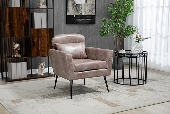 29.5 W Classical Accent Chair Armchair Upholstered Reading Chair Single Sofa Leisure Club Chair with Black Metal Leg and Throw Pillow for Living Room Bedroom Dorm Room Office Taupe Bronzing Suede
