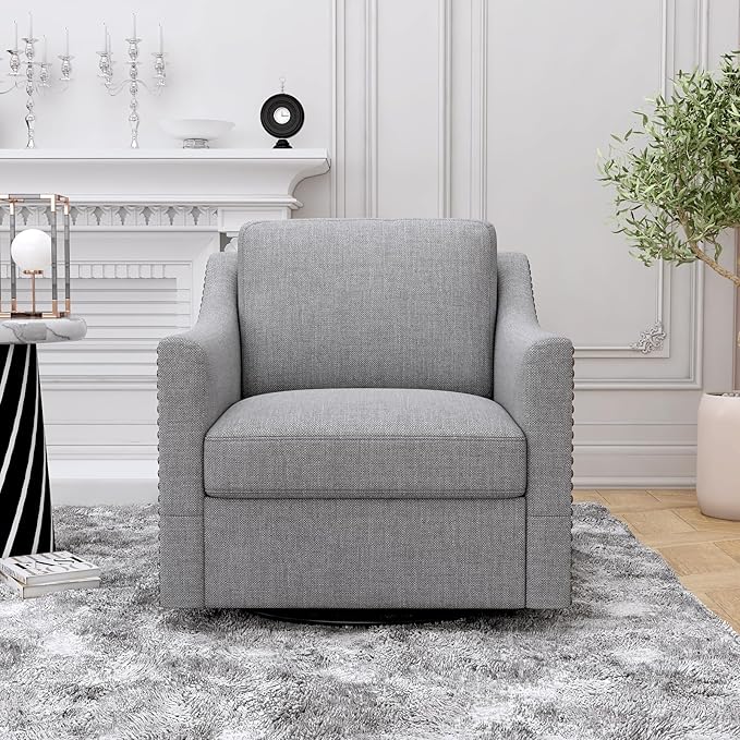 33 360° Swivel Cotton Linen Modern Mid-Century Accent Armchair Oversized Accent Chair Mid-Century Modern Chair with Sturdy Metal Base for Living Room Office Reception Areas Grey