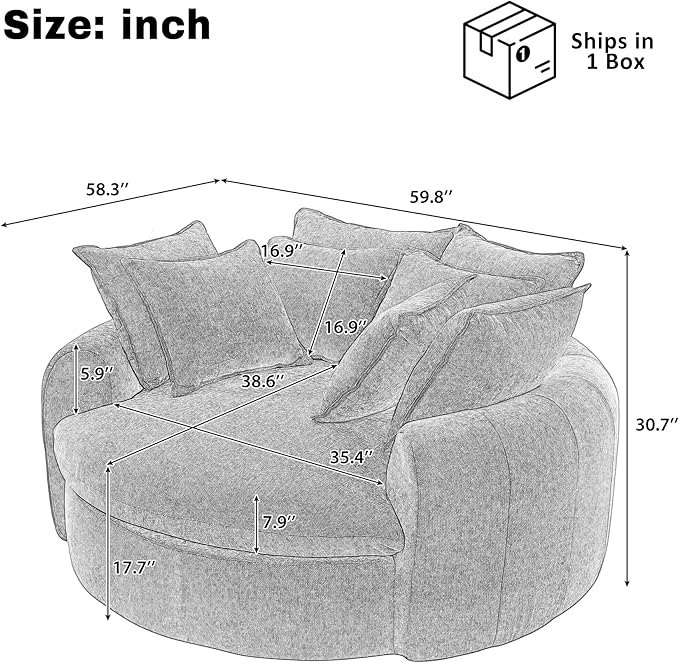 JUSTONE Oversized Round Chaise Lounge Chair 59.8-inch Modern Upholstered Chenille Cloud Chair Deep Seat Circle Floor Sofa for Living Room Bedroom Apartment Orange