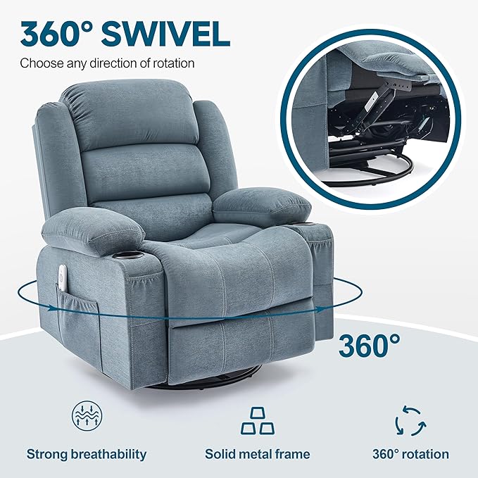 Rocker Recliner Chair with Heat and Massage 360° Swivel Nursery Rocking Chairs for Adults Oversized Recliner Single Sofa Seat with Cup Holders Lazy Boy Recliner Single Sofa (Manual Blue)