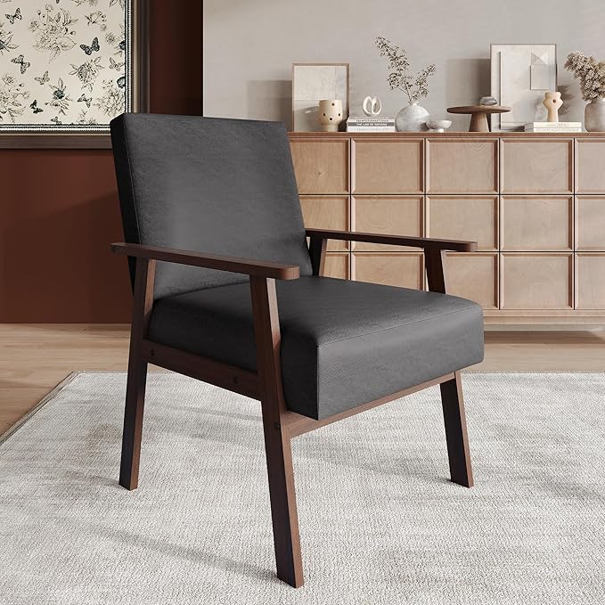 Mid-Century Modern Accent Chair Polyurethane Upholstery Wooden Armrests Cushioned Seat Easy Assembly Grey
