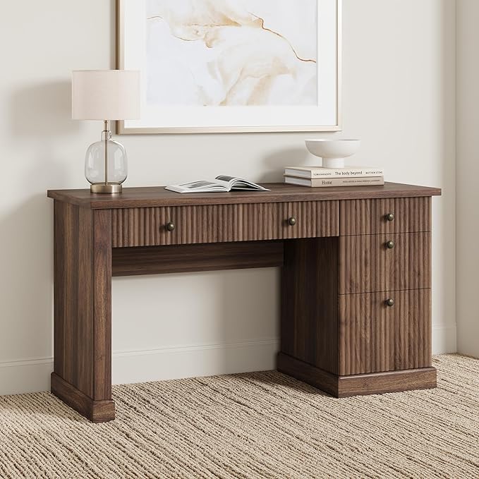 GAOMON 54'' Fluted Home Office Desk with Storage Modern Executive Desk with Charging Station Wooden Computer Desk with Drawers for Storage File Writing Desk for Study Living Room Bedroom