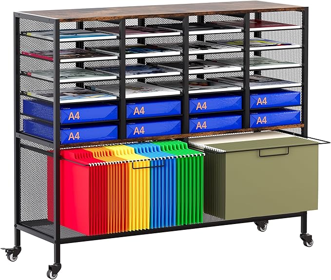 EasyPAG Rolling File Cart with 24 Slot Mail Organizer Under Desk Storage with Hanging File Rack for Letter/Legal Folders Mobile Filing Cabinet Printer Stand for Office Home Classroom Black