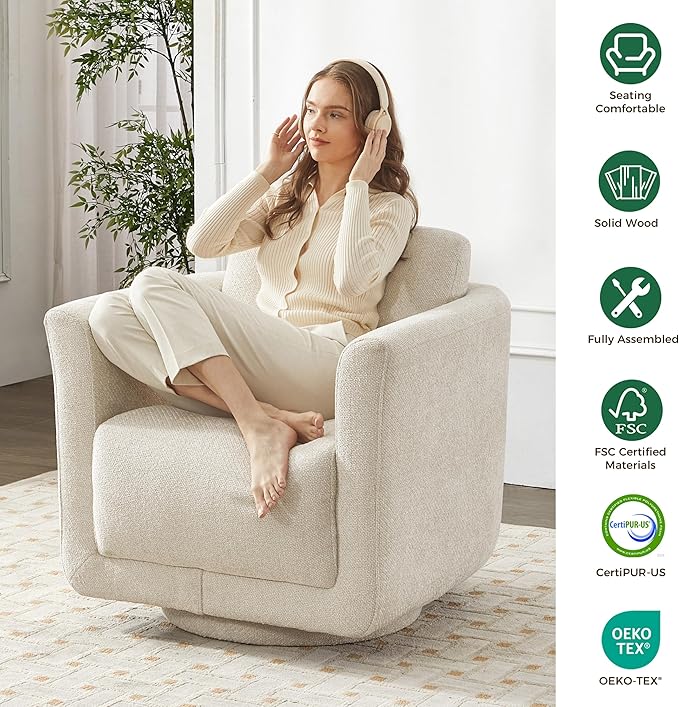 Swivel Accent Chair 360° Upholstered Swivel Chair 350 lbs Capacity Kiln Dried Solid Wood Frame Lumbar CushionFSC Certified Upholstered Chair for Living Room BedroomBeige