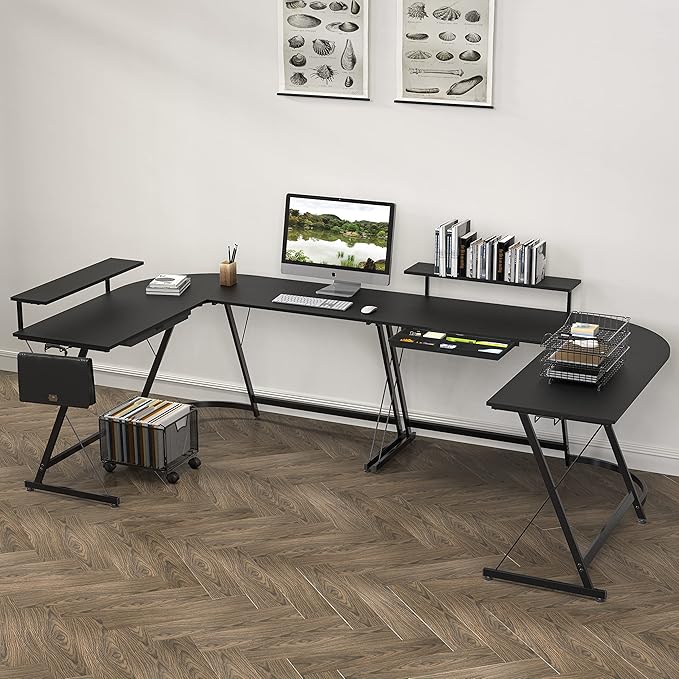 SHW 51 x 51 Inches Vista L-Shaped Desk with Monitor Stand and Drawer Black