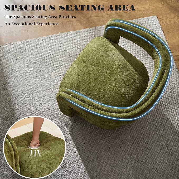 FOXHUNTER Swivel Accent ChairModern Upholstered Barrel ChairOversized Round Accent Armchair with Open BackWooden Base for Living RoomChenil Green