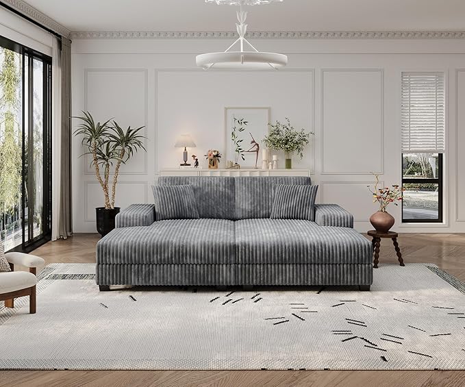 79.5 Oversized Corduroy Modular 2-Seat Sectional Couch with Extra-Wide Armrest Storage and Double Chaise Lounge Modern Convertible Sleeper Sofa for Living RoomDark Gray