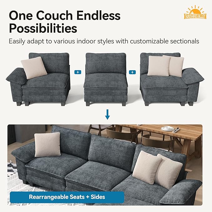 U Shaped Modular Cloud Couch 157.5'' Oversized Chenille Sectional Sofa with Wider Armrest and Ottoman Upholstered 6-Seat Modern Deep Seat for Bedroom Living Room Cyan