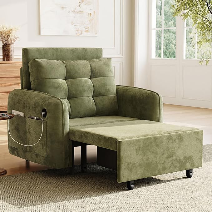 3-in-1 Convertible Sleeper Chair Bed Multi-Functional Chenille Single Sofa Bed with Storage Pockets and Box 80 Extra Long Pull Out Sleeping Lounge Chair for Living Room &amp Apartment (Green35)