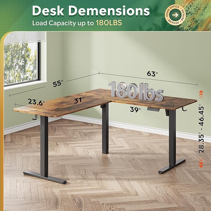 DEVAISE L Shaped Standing Desk Adjustable Height Dual Motor Electric Corner Standing Desk 63x55 inch Sit Stand up Home Office Desk with Splice Board Rustic Brown