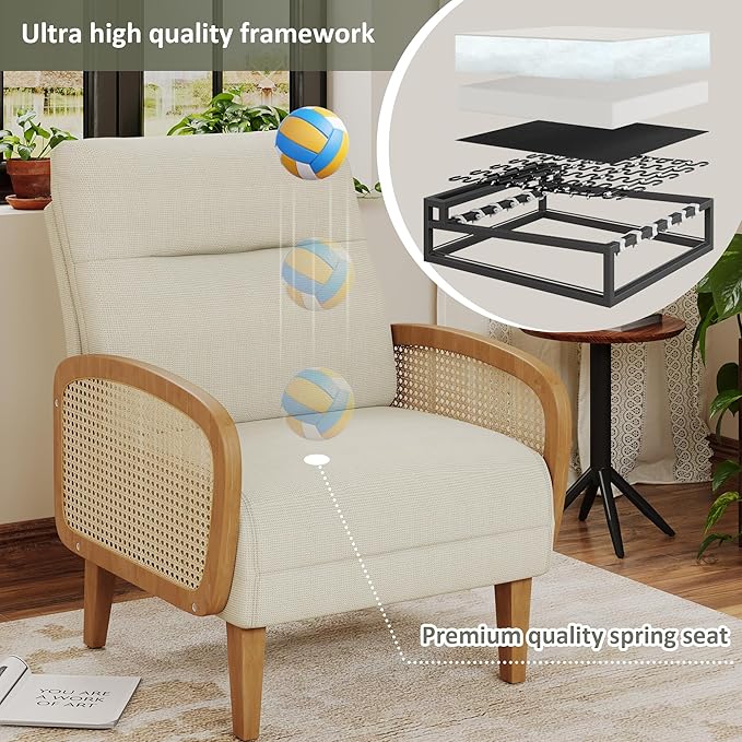 Andeworld Accent Chair Set of 2Upholstered Modern Living Room Chairs with Natural Rattan Arm Linen Fabric Arm Chair with Wooden Legs for Bedroom Club Balcony Reception Ivory