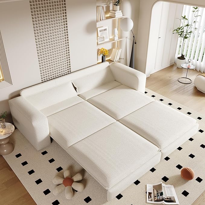 KEIKI 93 King Size Sleeper Sofa Bed Pull Out Sofa Bed 3 in 1 Convertible Sleeper Sofa 3 Seat Teddy Couch with 2 Lumbar Pillows for Living Room Apartment Office Studies Beige