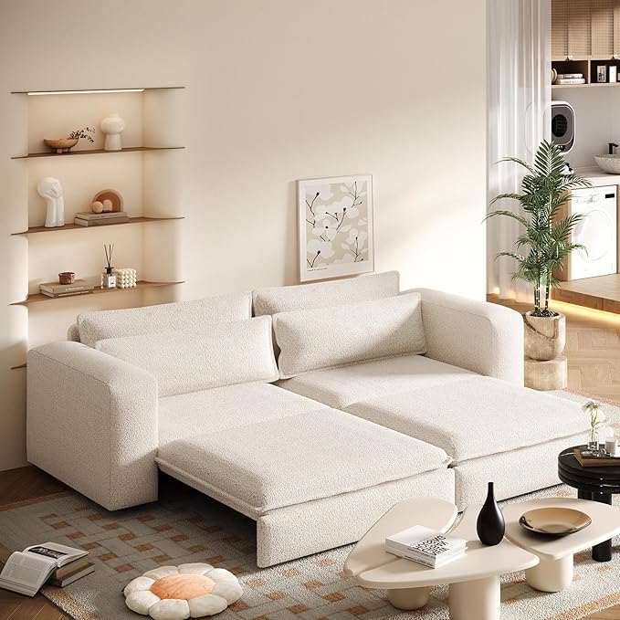 93 King Pull Out Sofa Bed 3 in 1 Convertible Sleeper Sofa Couch Comfy 3 Seater Sleeper Bed with 2 Pillows Modern Upholstered Teddy Futon Couches for Living Room Bedroom Apartment Beige