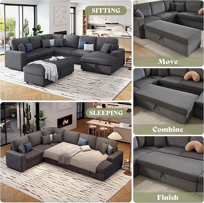 AMERLIFE 129 Inch Sectional Couches for Living RoomSectional Couch with Storage &amp OttomanModular Sectional Sofa Converts to SleeperCloud Couch Sectional for Large Space with CorduroyGrey
