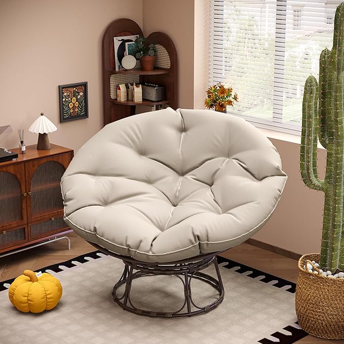 46'' Large Size Papasan Chair (Non-Swivel) with Cushion and Frame Lazy Circle Round Chair for Bedroom and Living Room Beige
