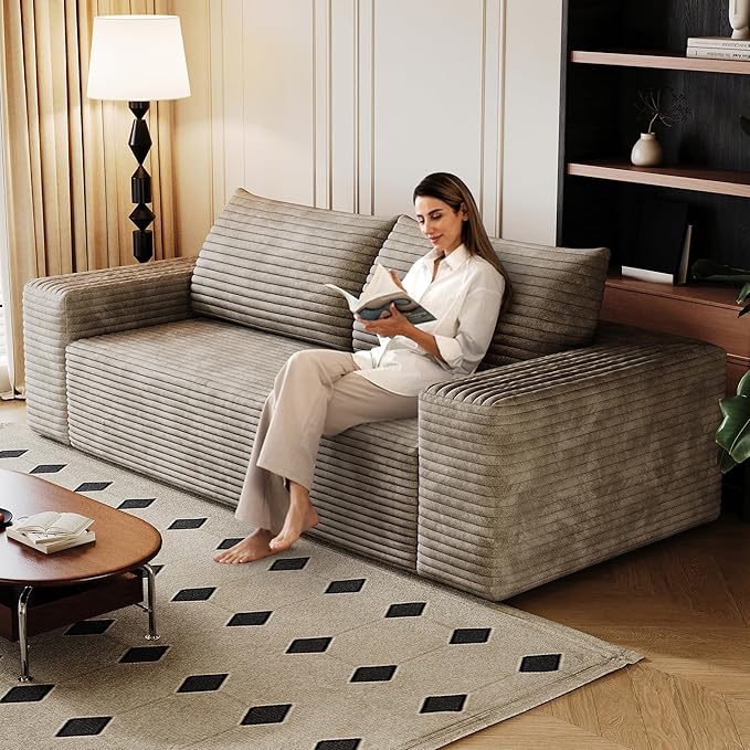 3 Seater Couch for Living Room 71.3 INCH Fluffy Corduroy Boneless Couch Cloud Loveseat with Wide Armrest Upholstered Floor Sofa in A Box No Assembly Required