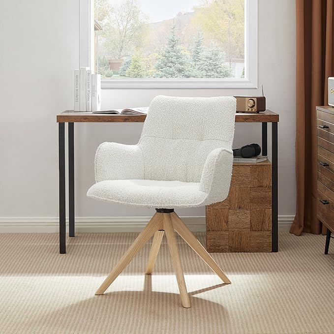 Art Leon Desk Chair No Wheels - Mid Century Modern Swivel Accent Chair Boucle Fabric Upholstered Office Chair with Oak Wood Legs for Small Space Living Room Bedroom Off White