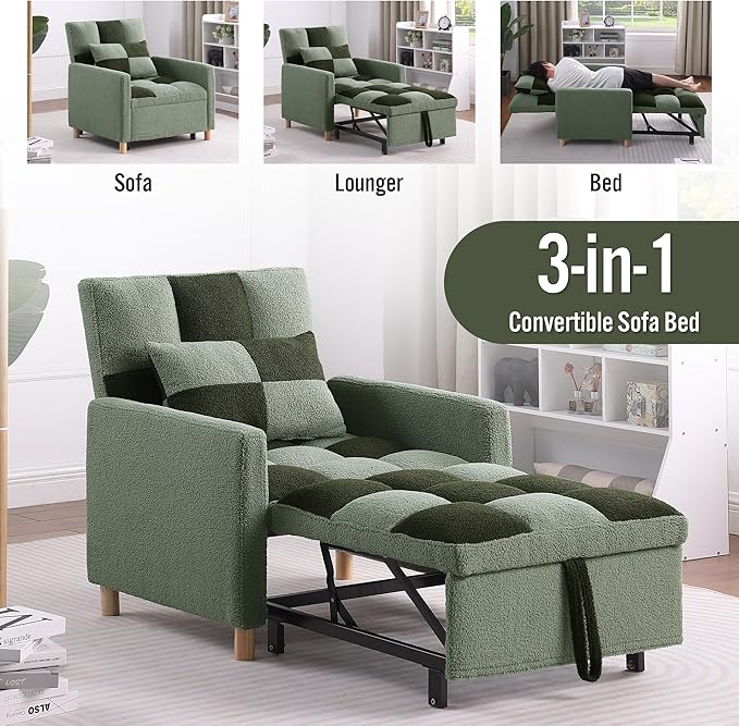 Sleeper Sofa Bed 3-in-1 Convertible Chair Bed Multi-Functional Sleeper Chair Soft Teddy Fabric for Living Room Apartment Office (Green)