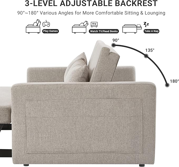 55.5 Fabric Convertible Sofa Bed Pull Out Sleeper Sofa Bed Loveseat Couch with Side Pocket 3 in 1 Convertible Sleeper Sofa Bed for Living Room Apartment Bedroom RV Light Grey